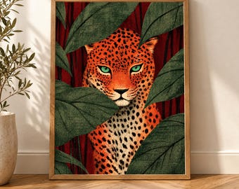 Leopard Wall Art, Burgundy Maximalist Decor, Moody Botanical Print, Textured Wildlife Poster, Eclectic Jungle Portrait
