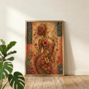 Botanical woman silhouette art print in light wood frame on wooden floor with monstera plant, boho floral female poster