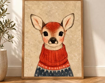 Fawn Print, Woodland Nursery Decor, Kids Room Wall Art, Vintage Deer Poster, Cozy Forest Illustration