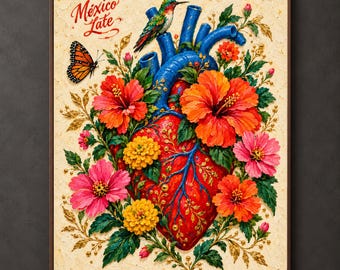 Mexican Folk Art, Heart Anatomy Print, Textured Botanical Decor, Maximalist Floral Poster, Mexico Late Design