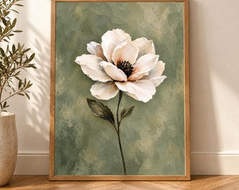 Decorazione murale Wabi Sabi, stampa di magnolia verde salvia, arredamento botanico neutro, poster floreale con texture