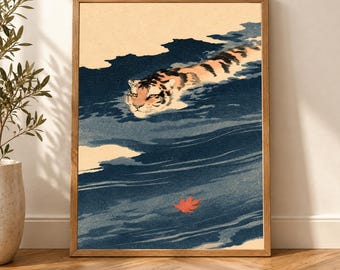 Tiger Wall Art, Japanese Woodblock Print, Swimming Wildlife Poster, Vintage Indigo Decor