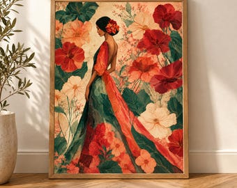 Arte popolare messicana, ritratto botanico massimalista, stampa testurizzata color verde acqua e corallo, decorazione floreale di grandi dimensioni, poster di donna in giardino