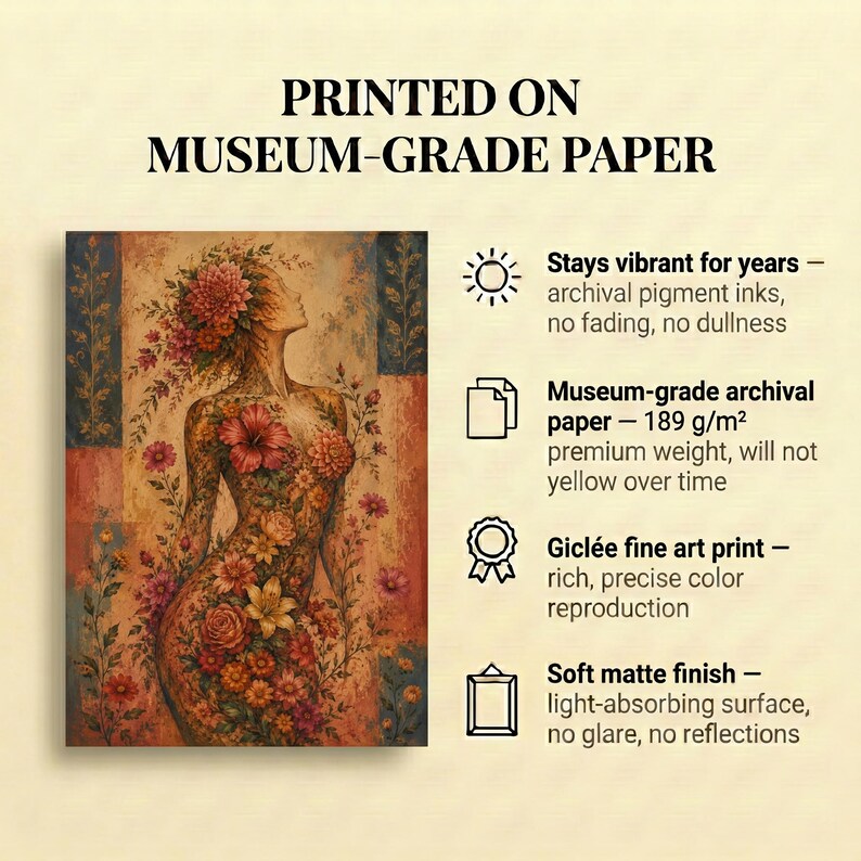 Floral woman wall art printed on museum-grade archival paper 189gsm, giclee fine art print with soft matte finish, archival pigment inks