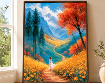 Mountain Wall Art, Colorful Fall Landscape, Wildflower Forest Print, Blue Orange Nature Poster, Winding Path Decor