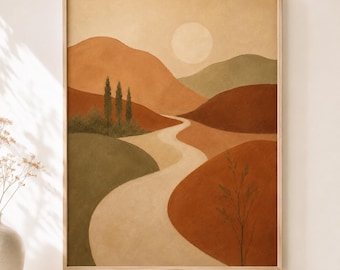 May include: A framed wall art print depicting a landscape with rolling hills in shades of terracotta, olive green, and beige. A winding path leads through the center toward a pale sun in the sky. Three tall, thin trees stand on the left side.