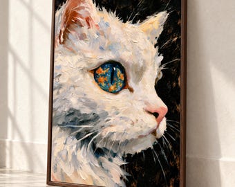Cat Wall Art, Textured Surreal Portrait, Moody Fish Eye Print, Maximalist Eclectic Poster