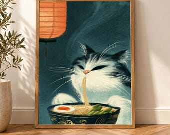 Quirky Kitchen Art, Cat Lover Gift, Ramen Poster, Fat Feline Print, Japanese Food Decor