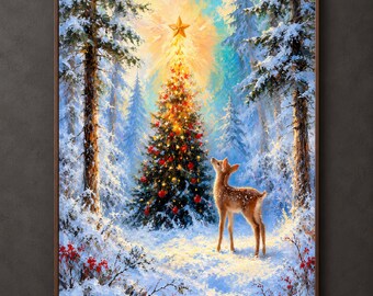 Christmas Tree Poster, Winter Scene Wall Art, Deer Forest Print, Snowy Holiday Decor
