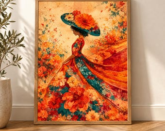 Mexican Folk Art, Terracotta Wall Print, Textured Botanical Decor, Maximalist Floral Woman, Traditional Dress Poster