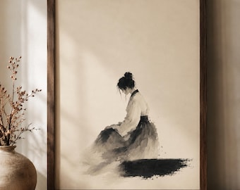 Stampa artistica a inchiostro di donna coreana in Hanbok, poster minimalista Wabi Sabi