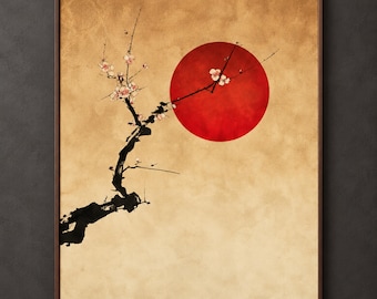 Textured Wall Art, Japandi Botanical Print, Plum Blossom Poster, Japanese Red Sun Decor, Vintage Floral Scene