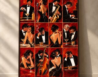 Cocktail Wall Art, Jazz Poster, Speakeasy Decor, Burgundy Textured Print, Vintage Martini Bar Scene, Moody Nightlife