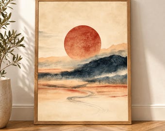 Mountain Wall Art, Desert Terracotta Print, Wabi Sabi Landscape, Red Sun Poster, Japandi Nature Decor