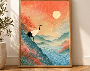 Japanese Wall Art, Wabi Sabi Crane Print, Japandi Wave Decor, Coral Mountain Poster, Seigaiha Wildlife