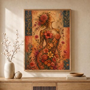 Floral female figure art print in natural wood frame on console table with dried branches, vintage botanical woman poster, boho home decor