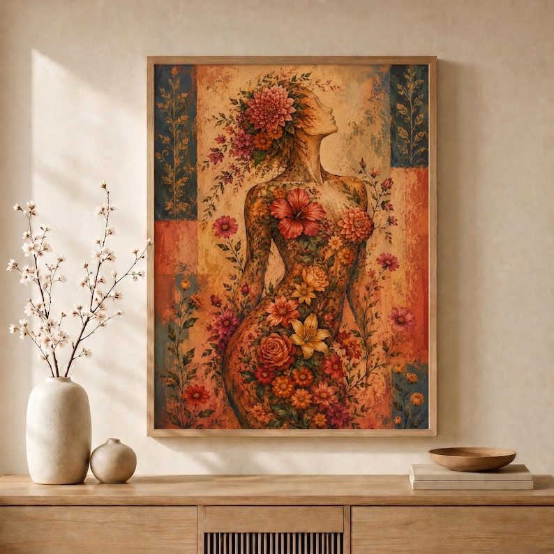 Floral female figure art print in natural wood frame on console table with dried branches, vintage botanical woman poster, boho home decor