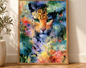 Quadro con leopardo colorato, decorazione massimalista con texture, stampa di fauna tropicale, poster della giungla a impasto.