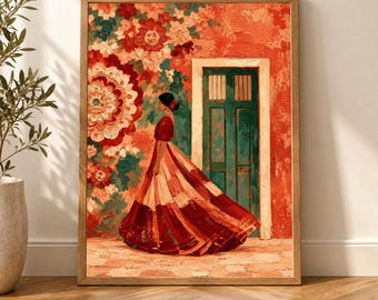 Arte popolare messicana, stampa con texture terracotta, decorazione floreale massimalista in stile hacienda, poster femminile verde per porta