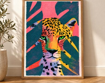 Funky Leopard Wall Art, Dopamine Maximalist Decor, Colorful Teal Wildlife Print, Textured Eclectic Jungle Poster