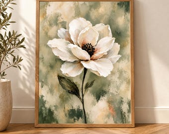 Decorazione murale Wabi Sabi, stampa di magnolia verde salvia, arredamento botanico neutro, poster floreale pittorico