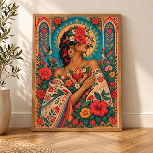May include: A framed wall art print featuring a person adorned with a floral crown and a shawl, surrounded by vibrant red hibiscus flowers, green foliage, and two hummingbirds. A central sacred heart emblem is displayed on the chest area.