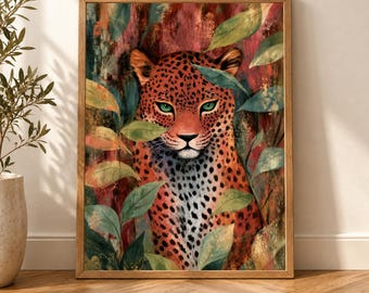 Leopard Wall Art, Terracotta Botanical Print, Moody Textured Wildlife Poster, Eclectic Jungle Decor