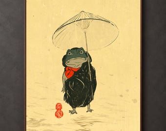 Frog Poster, Japanese Art, Whimsical Umbrella Decor, Woodblock Print, Matsumoto Hoji Inspired