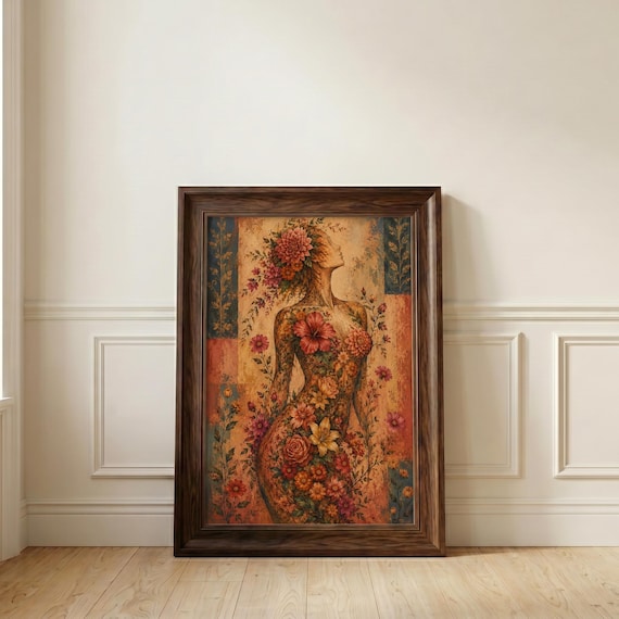 Mexican Folk Art, Floral Woman, Terracotta Decor, Maximalist Print
