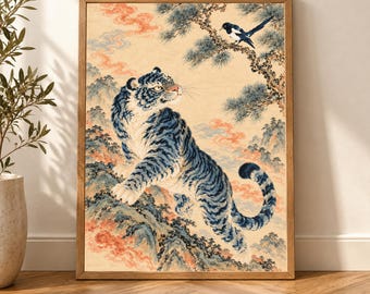 Tiger Wall Art, Korean Minhwa Print, Magpie Wildlife Poster, Pine Tree Folk Decor, Textured Maximalist Scene