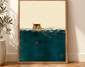 Tiger Wall Art, Teal Japanese Woodblock Print, Swimming Wildlife Poster, Vintage Indigo Decor