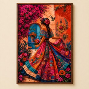 May include: A framed painting depicts a person in a vibrant, multi-colored floral dress standing before a blue arched doorway. The scene features bright pink bougainvillea, hummingbirds, and a decorative heart emblem on a textured orange wall.