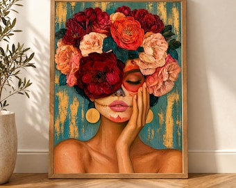 Arte popolare messicana, ritratto del Giorno dei Morti, stampa botanica con texture, decorazione floreale massimalista color verde acqua