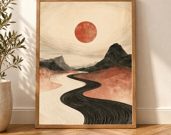 Mid Century Wall Art, Wabi Sabi Mountain Print, Terracotta Desert Landscape, Japandi 70s Poster