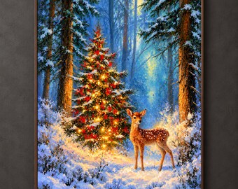 Baby Reindeer, Christmas Tree Poster, Winter Scene Wall Art, Deer Forest Print, Snowy Holiday Decor
