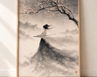 Korean Wall Art, Wabi Sabi Hanbok Print, Plum Blossom Warrior Poster, Textured Sword Portrait