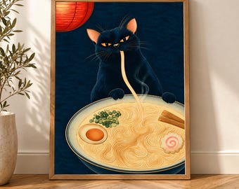 Black Cat Wall Art, Ramen Thief Poster, Japanese Food Print, Quirky Kitchen Decor, Noodle Lover Gift