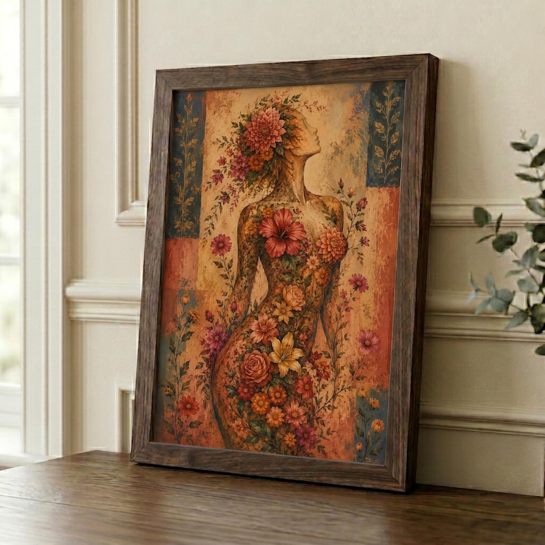 Floral woman figure art print in dark walnut frame against white wainscoted wall, vintage botanical female silhouette poster