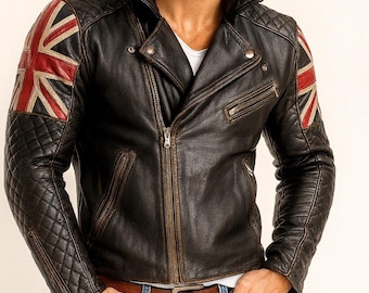 Jaqueta masculina de couro estilo motociclista com estampa da bandeira britânica (Union Jack) - Jaqueta de motociclista artesanal com a bandeira do Reino Unido
