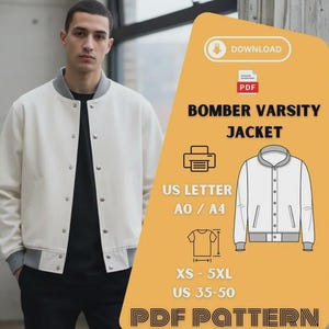 May include: A cream bomber varsity jacket with grey trim, worn by a person. The image includes a graphic with the text "BOMBER VARSITY JACKET" and "PDF PATTERN". The pattern is available in sizes XS-5XL and US sizes 35-50.