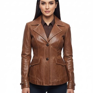 Brown Leather Blazer, Fitted Women's Jacket, Classic Button Coat, Tailored Outerwear