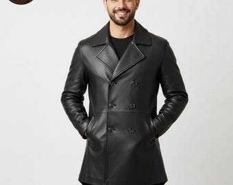 Chaqueta clásica de cuero negro para hombre - Chaqueta cruzada de invierno