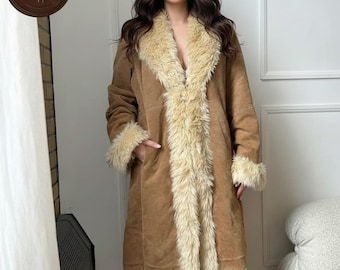 Women's Long Tan Suede Shearling Coat - Full-Length Faux Fur Lined Jacket