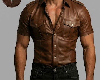 Camisa masculina de couro marrom, estilo cowboy western, conjunto vintage com botões, corte slim para festas, roupa retrô.