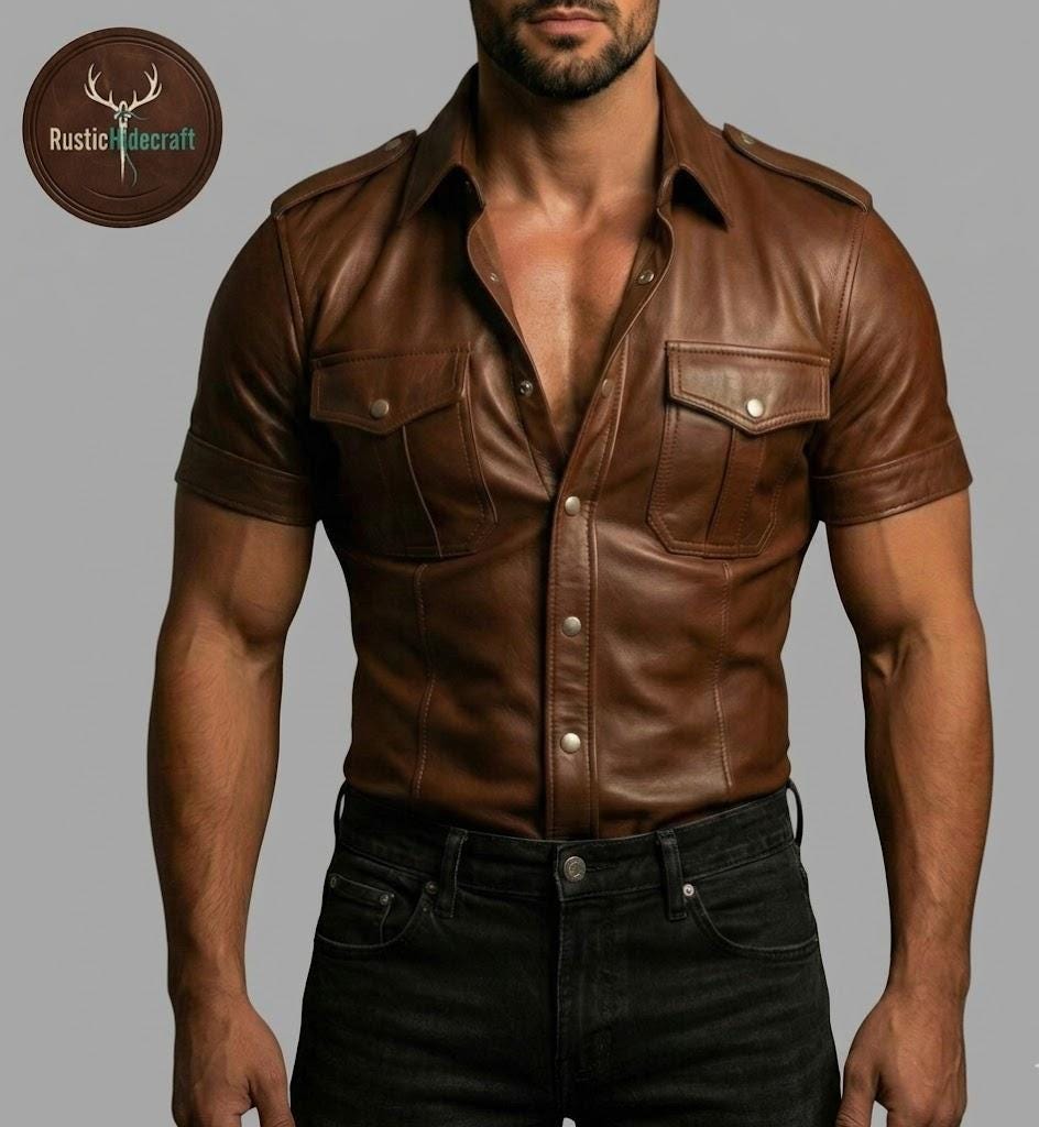 Brązowa skórzana koszula męska, kowbojski top w stylu western, strój z guzikami w stylu vintage, dopasowany krój na imprezę, odzież w stylu retro