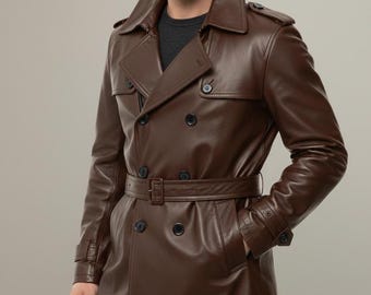 メンズ ブラウンレザートレンチコート、ダブルブレスト ベルト付き