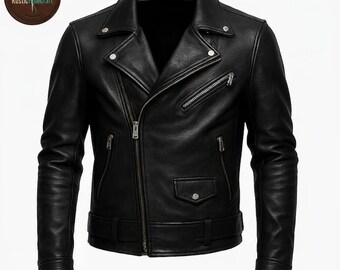 Jaqueta masculina de couro preta estilo motociclista – Couro legítimo