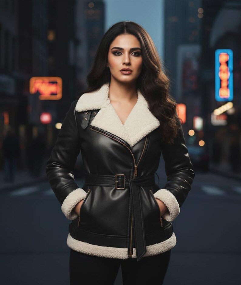 Cream Faux Leather Lined Belted Aviator Jacket