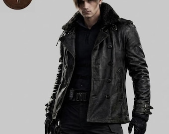 Jaqueta de couro Leon S. Kennedy RE4 Remake | Casaco de motociclista masculino preto com gola de pele