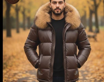 Men’s Brown Puffer Jacket with Fur Hood | Warm Winter Down Coat